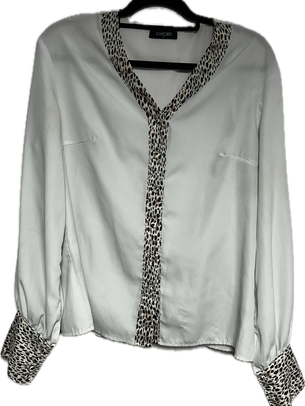Chicme White Button-Down Blouse with Leopard Trim